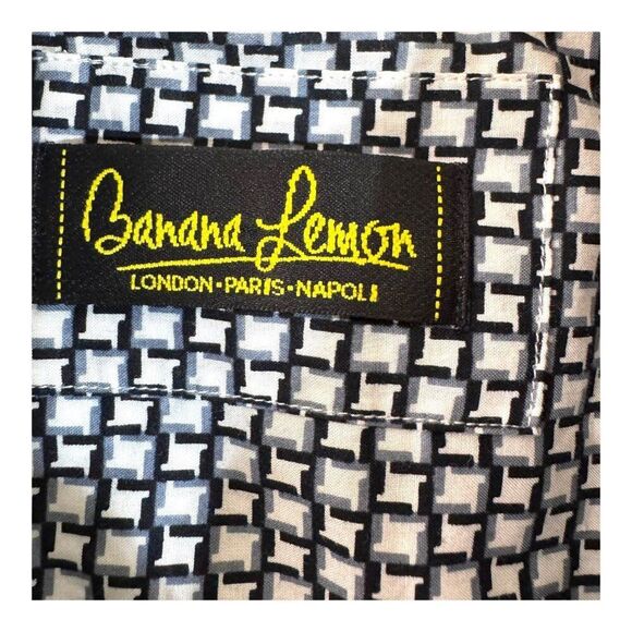 Banana Lemon Long Slv Button Up Shirt L Black White Geometric Flip Cuff Floral - Picture 3 of 5